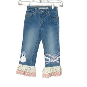 Toddler Girls Upcycled Denim Jeans Size 2T Snowman Ruffle Winter Holiday Festive